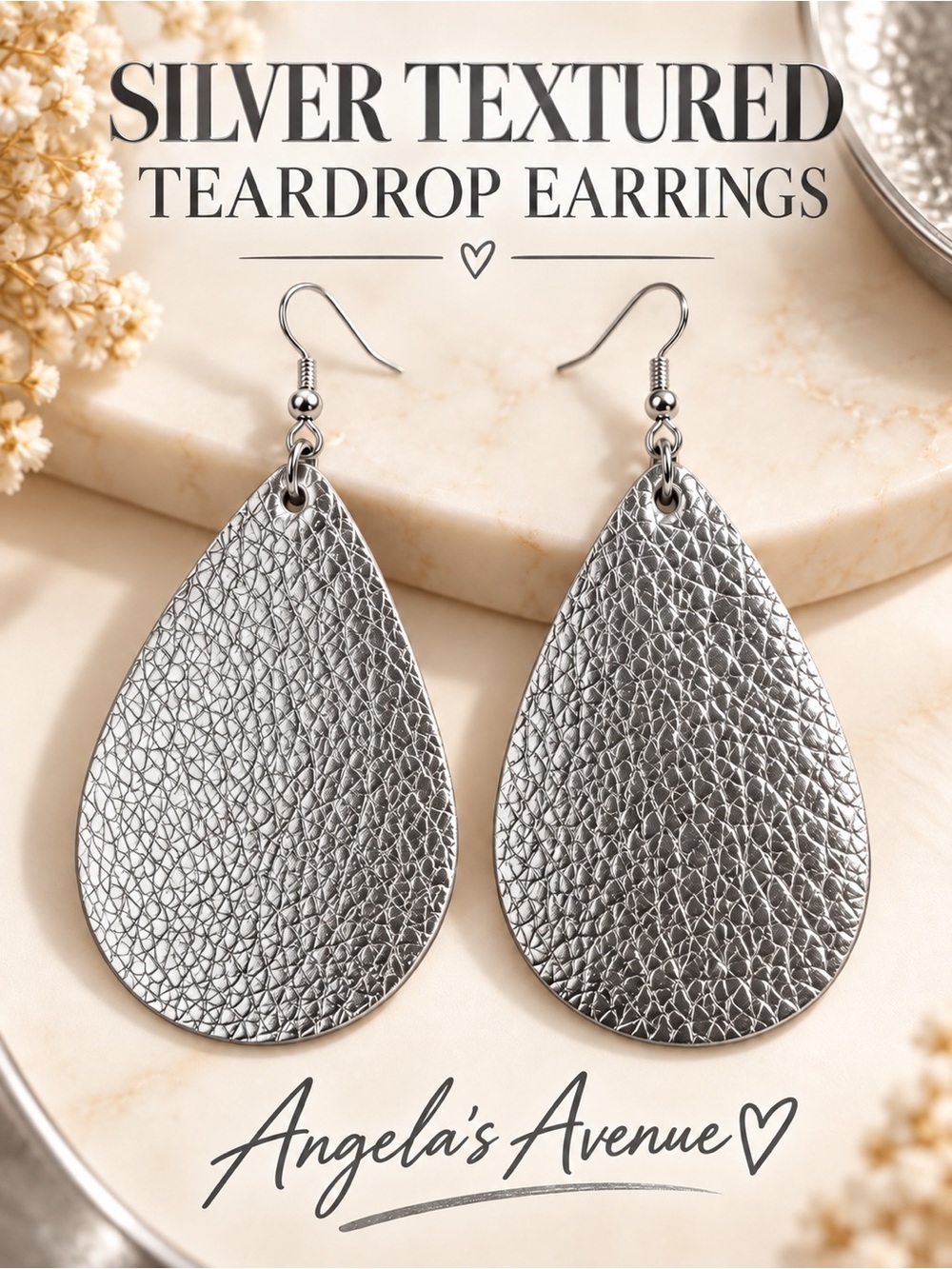 Silver Textured Leather Teardrop Earrings NEW